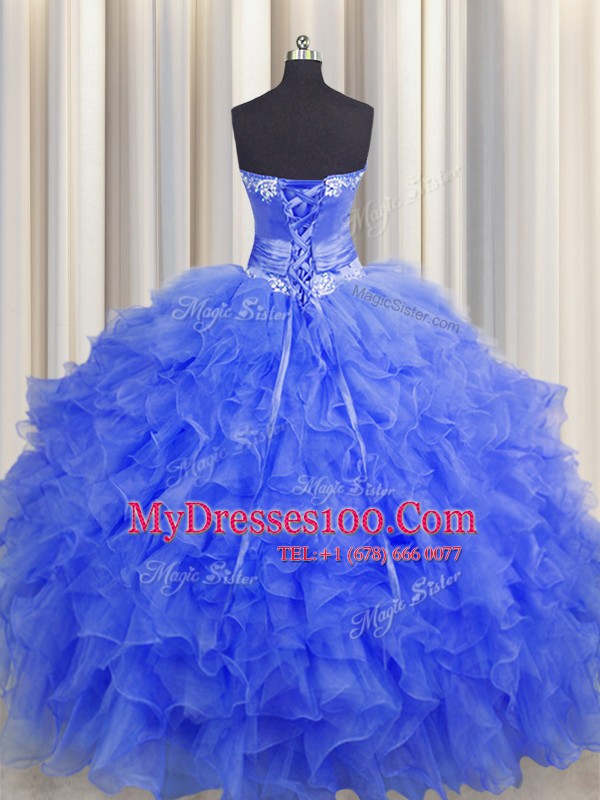 Handcrafted Flower Sweetheart Sleeveless Organza Sweet 16 Quinceanera Dress Beading and Ruffles and Hand Made Flower Lace Up