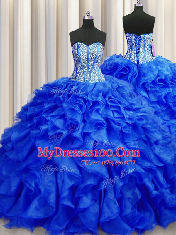 Visible Boning Royal Blue Lace Up Sweetheart Beading and Ruffles Quince Ball Gowns Organza Sleeveless Brush Train