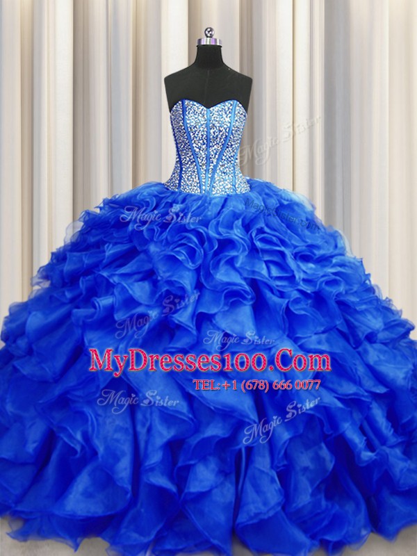 Visible Boning Royal Blue Lace Up Sweetheart Beading and Ruffles Quince Ball Gowns Organza Sleeveless Brush Train