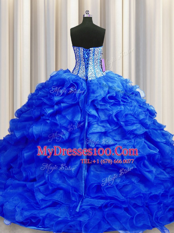 Visible Boning Royal Blue Lace Up Sweetheart Beading and Ruffles Quince Ball Gowns Organza Sleeveless Brush Train