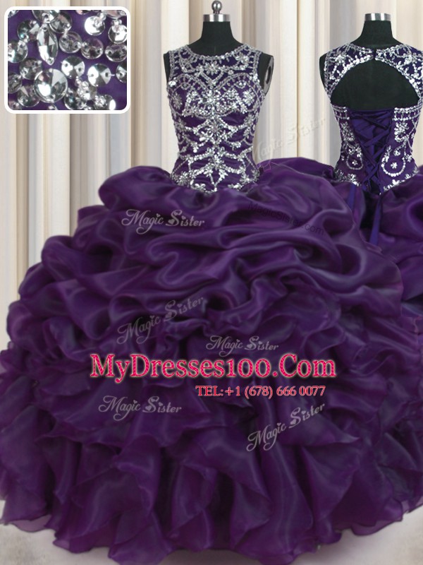 Pretty Dark Purple Quinceanera Dresses Military Ball and Sweet 16 and Quinceanera and For with Beading and Pick Ups Scoop Sleeveless Lace Up