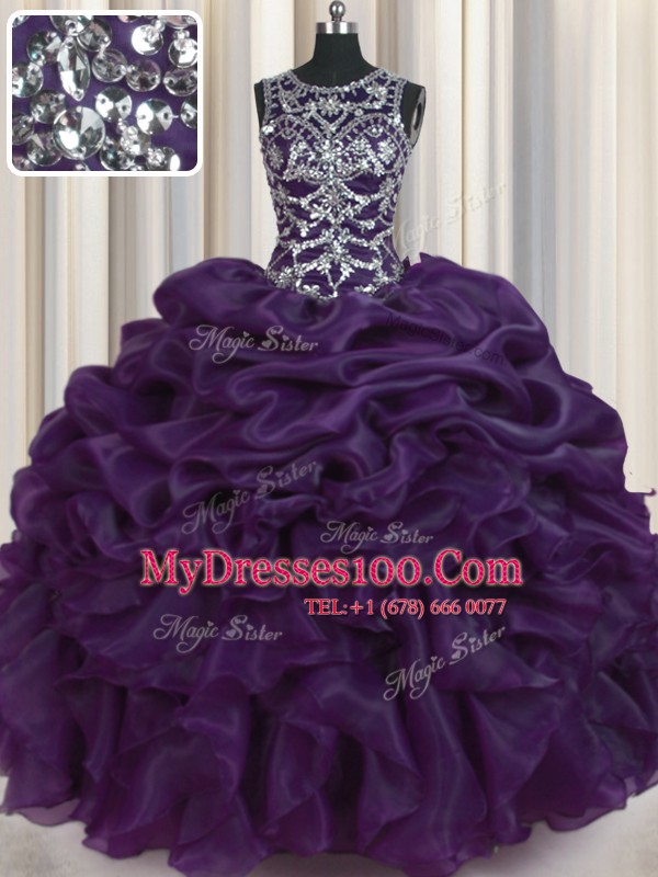 Pretty Dark Purple Quinceanera Dresses Military Ball and Sweet 16 and Quinceanera and For with Beading and Pick Ups Scoop Sleeveless Lace Up