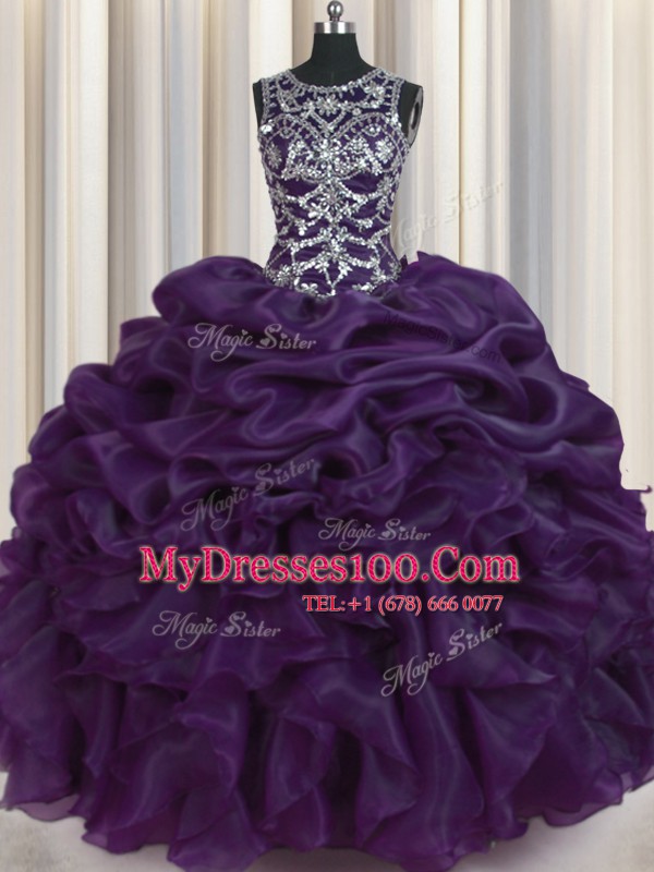 Pretty Dark Purple Quinceanera Dresses Military Ball and Sweet 16 and Quinceanera and For with Beading and Pick Ups Scoop Sleeveless Lace Up