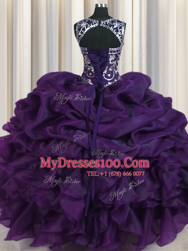 Pretty Dark Purple Quinceanera Dresses Military Ball and Sweet 16 and Quinceanera and For with Beading and Pick Ups Scoop Sleeveless Lace Up