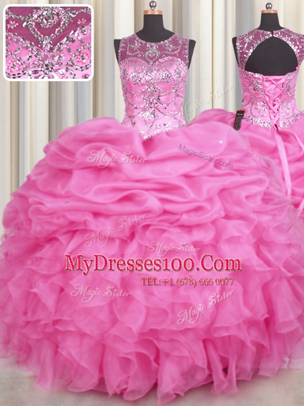 Cute Scoop See Through Beading and Ruffles and Pick Ups 15th Birthday Dress Rose Pink Lace Up Sleeveless Floor Length