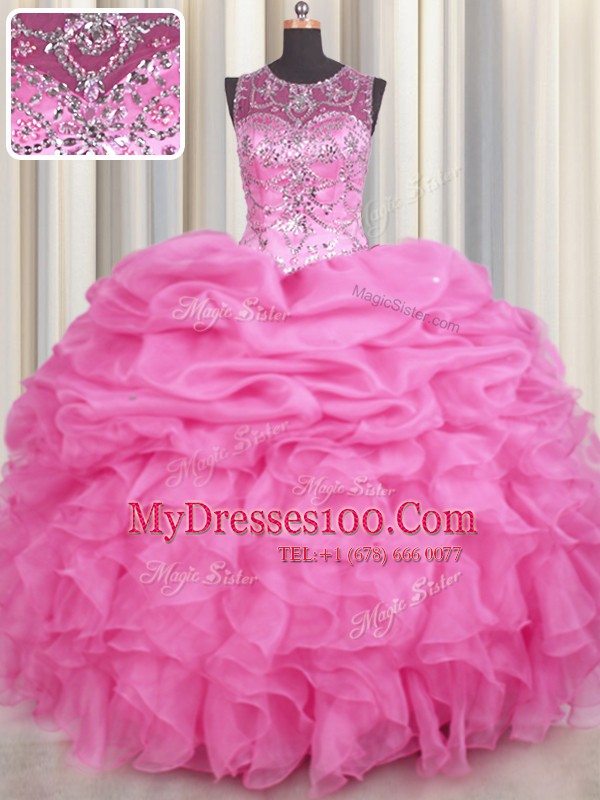 Cute Scoop See Through Beading and Ruffles and Pick Ups 15th Birthday Dress Rose Pink Lace Up Sleeveless Floor Length