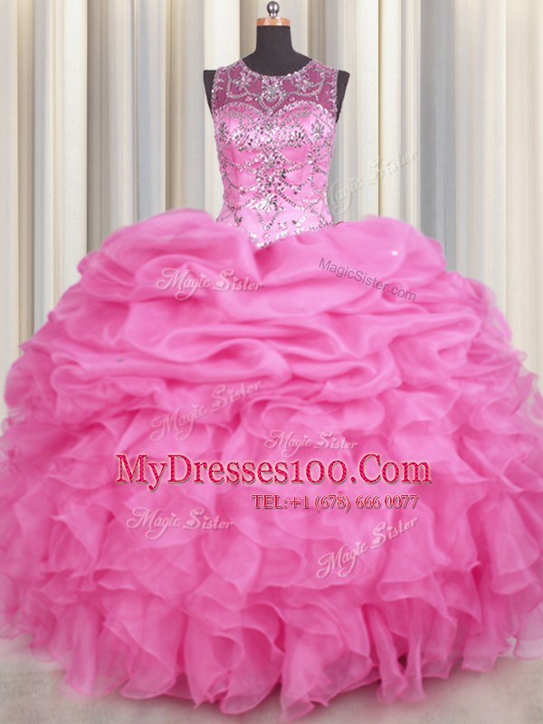 Cute Scoop See Through Beading and Ruffles and Pick Ups 15th Birthday Dress Rose Pink Lace Up Sleeveless Floor Length