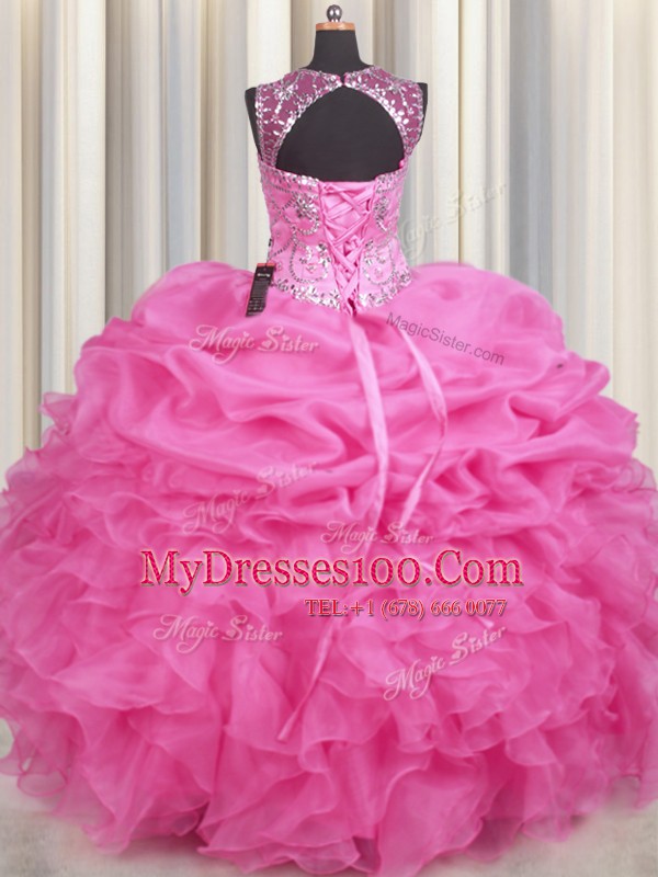 Cute Scoop See Through Beading and Ruffles and Pick Ups 15th Birthday Dress Rose Pink Lace Up Sleeveless Floor Length