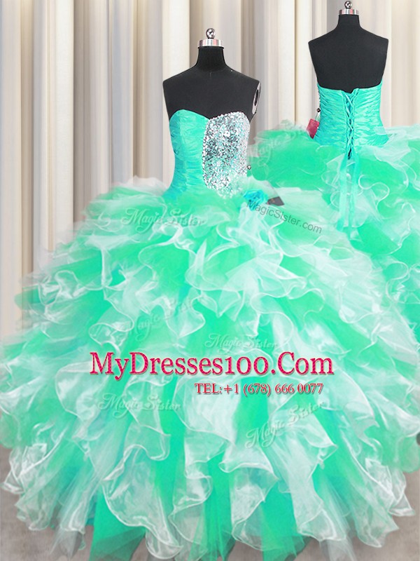 Colorful Apple Green Sleeveless Organza Lace Up Quinceanera Gowns for Military Ball and Sweet 16 and Quinceanera