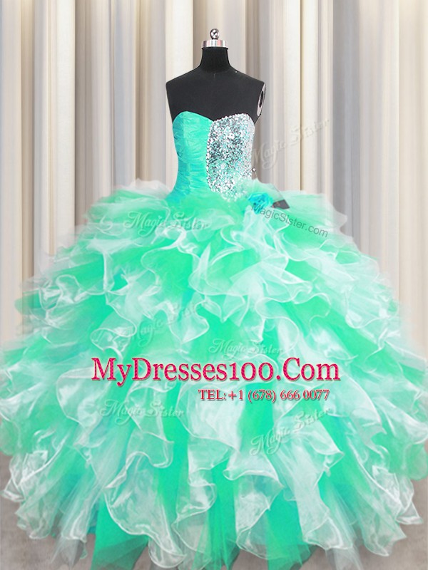 Colorful Apple Green Sleeveless Organza Lace Up Quinceanera Gowns for Military Ball and Sweet 16 and Quinceanera