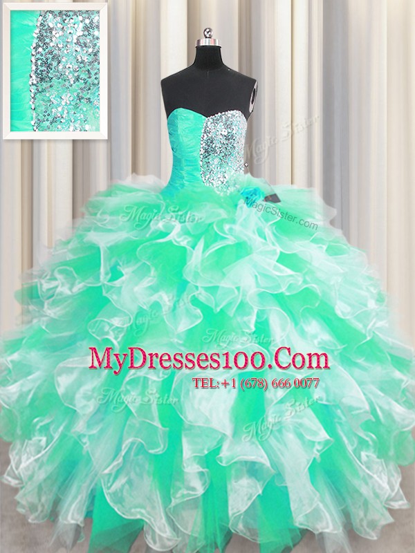 Colorful Apple Green Sleeveless Organza Lace Up Quinceanera Gowns for Military Ball and Sweet 16 and Quinceanera