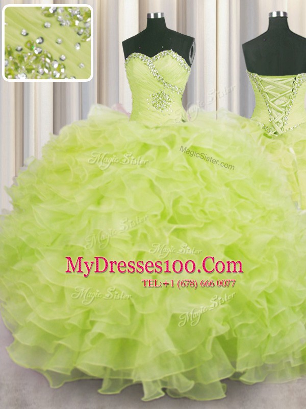 Captivating Yellow Green Ball Gowns Sweetheart Sleeveless Organza Floor Length Lace Up Beading and Ruffles Quinceanera Dress