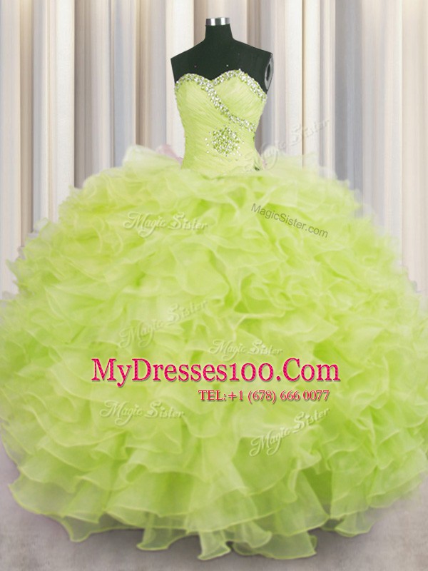 Captivating Yellow Green Ball Gowns Sweetheart Sleeveless Organza Floor Length Lace Up Beading and Ruffles Quinceanera Dress