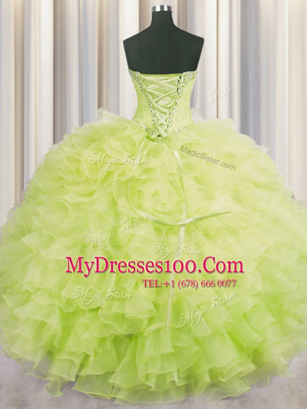 Captivating Yellow Green Ball Gowns Sweetheart Sleeveless Organza Floor Length Lace Up Beading and Ruffles Quinceanera Dress