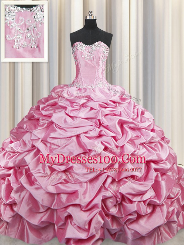 Taffeta Sweetheart Sleeveless Brush Train Lace Up Beading and Pick Ups Sweet 16 Quinceanera Dress in Rose Pink