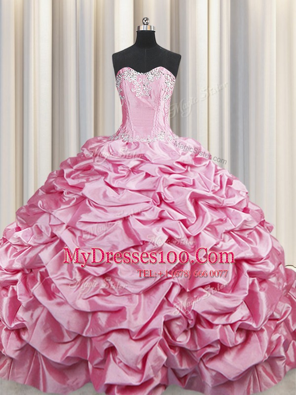 Taffeta Sweetheart Sleeveless Brush Train Lace Up Beading and Pick Ups Sweet 16 Quinceanera Dress in Rose Pink