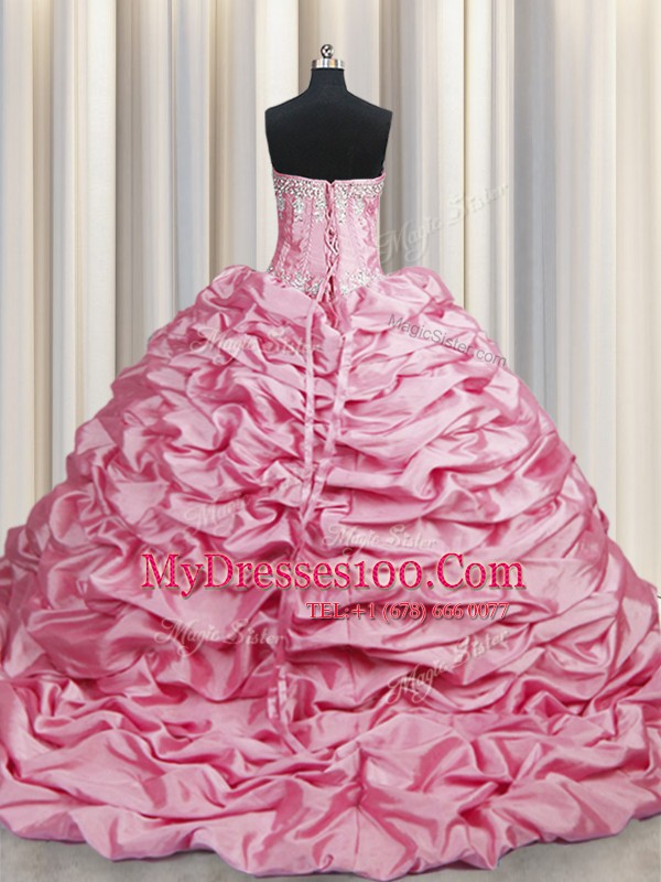 Taffeta Sweetheart Sleeveless Brush Train Lace Up Beading and Pick Ups Sweet 16 Quinceanera Dress in Rose Pink