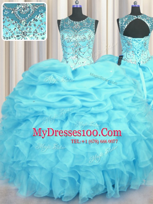 Simple Scoop See Through Aqua Blue Sleeveless Floor Length Beading and Ruffles and Pick Ups Lace Up Quinceanera Gown