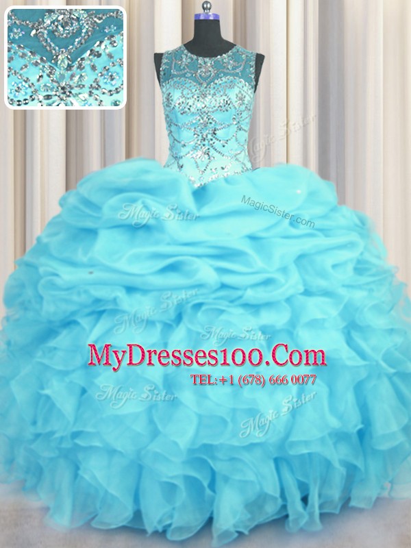 Simple Scoop See Through Aqua Blue Sleeveless Floor Length Beading and Ruffles and Pick Ups Lace Up Quinceanera Gown