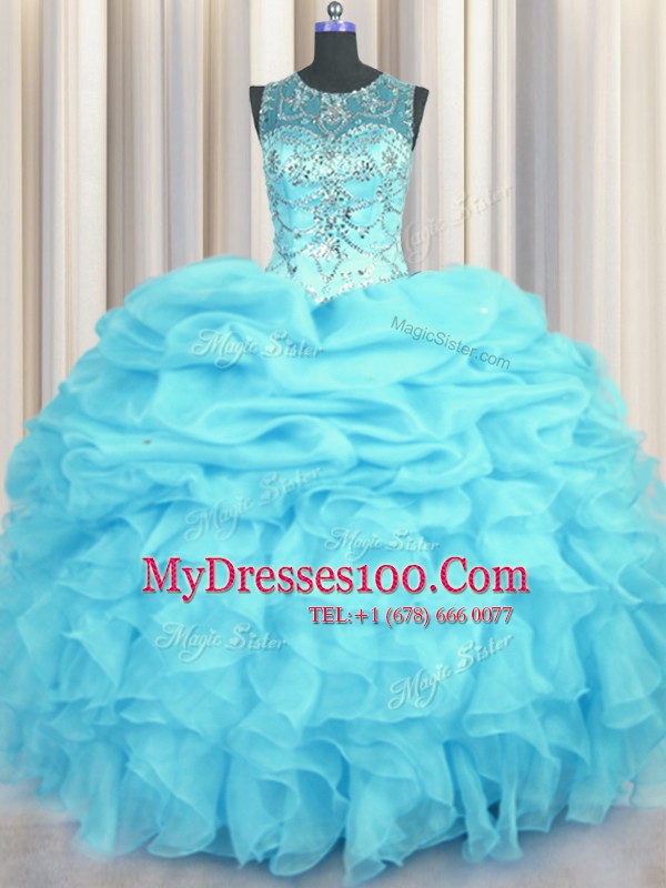 Simple Scoop See Through Aqua Blue Sleeveless Floor Length Beading and Ruffles and Pick Ups Lace Up Quinceanera Gown