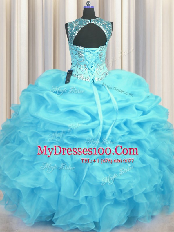 Simple Scoop See Through Aqua Blue Sleeveless Floor Length Beading and Ruffles and Pick Ups Lace Up Quinceanera Gown