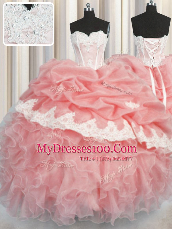 Fitting Sleeveless Floor Length Appliques and Ruffles and Pick Ups Lace Up Quinceanera Dresses with Watermelon Red and Baby Pink