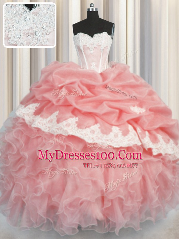 Fitting Sleeveless Floor Length Appliques and Ruffles and Pick Ups Lace Up Quinceanera Dresses with Watermelon Red and Baby Pink