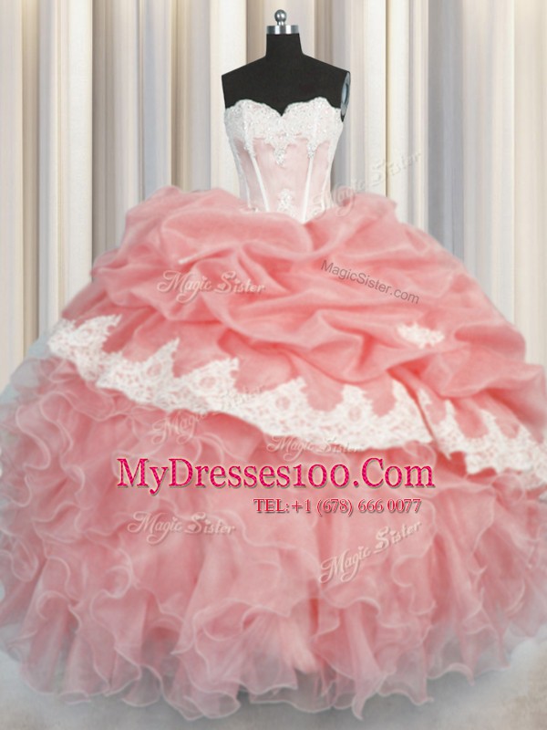 Fitting Sleeveless Floor Length Appliques and Ruffles and Pick Ups Lace Up Quinceanera Dresses with Watermelon Red and Baby Pink