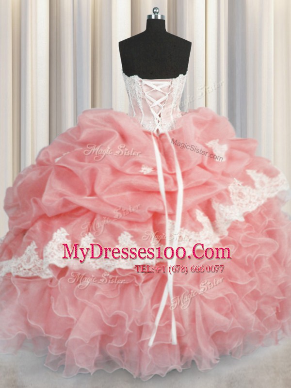 Fitting Sleeveless Floor Length Appliques and Ruffles and Pick Ups Lace Up Quinceanera Dresses with Watermelon Red and Baby Pink