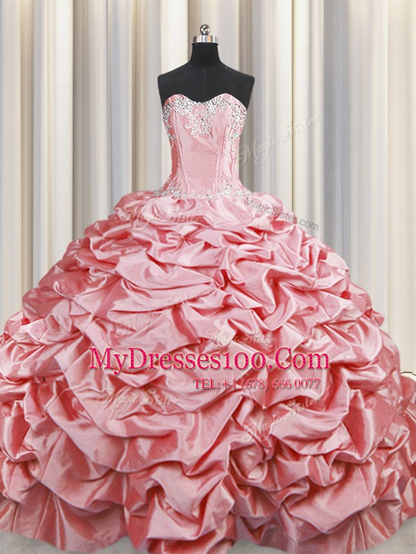 Flare Brush Train Baby Pink Sleeveless Beading and Pick Ups Lace Up 15 Quinceanera Dress