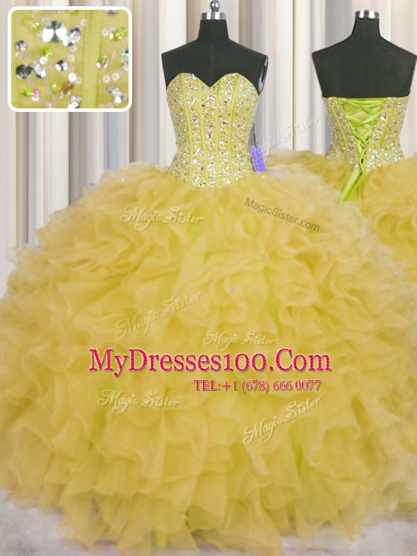 Dazzling Visible Boning Yellow Sleeveless Beading and Ruffles and Sashes ribbons Floor Length Ball Gown Prom Dress