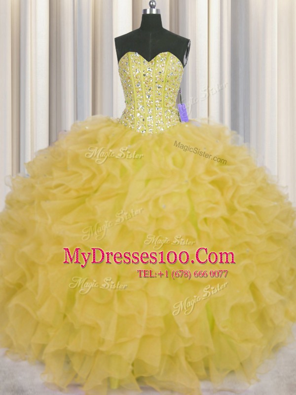 Dazzling Visible Boning Yellow Sleeveless Beading and Ruffles and Sashes ribbons Floor Length Ball Gown Prom Dress