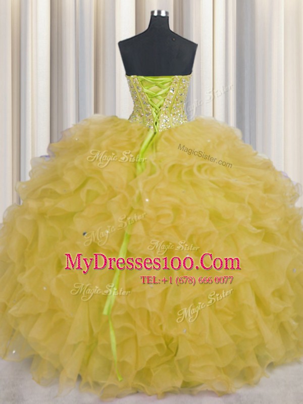 Dazzling Visible Boning Yellow Sleeveless Beading and Ruffles and Sashes ribbons Floor Length Ball Gown Prom Dress