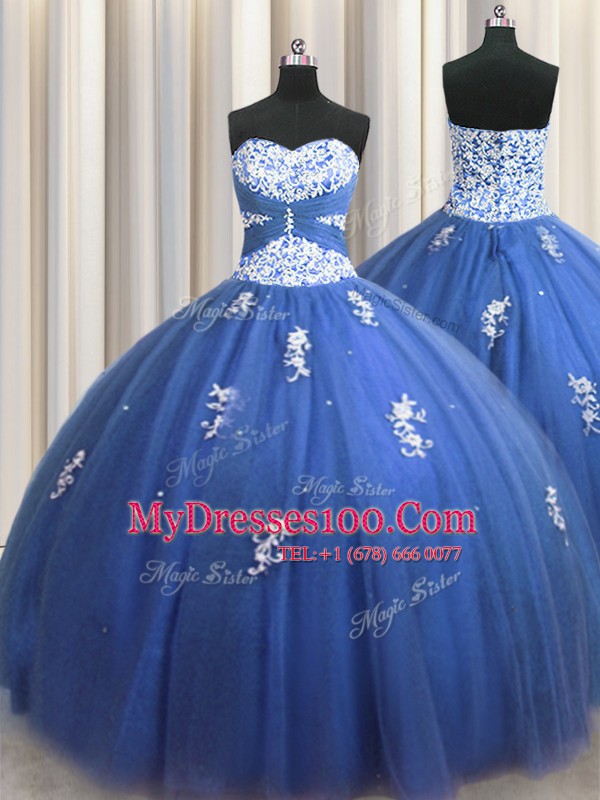 Luxurious Royal Blue Sleeveless Tulle Lace Up Sweet 16 Quinceanera Dress for Military Ball and Sweet 16 and Quinceanera