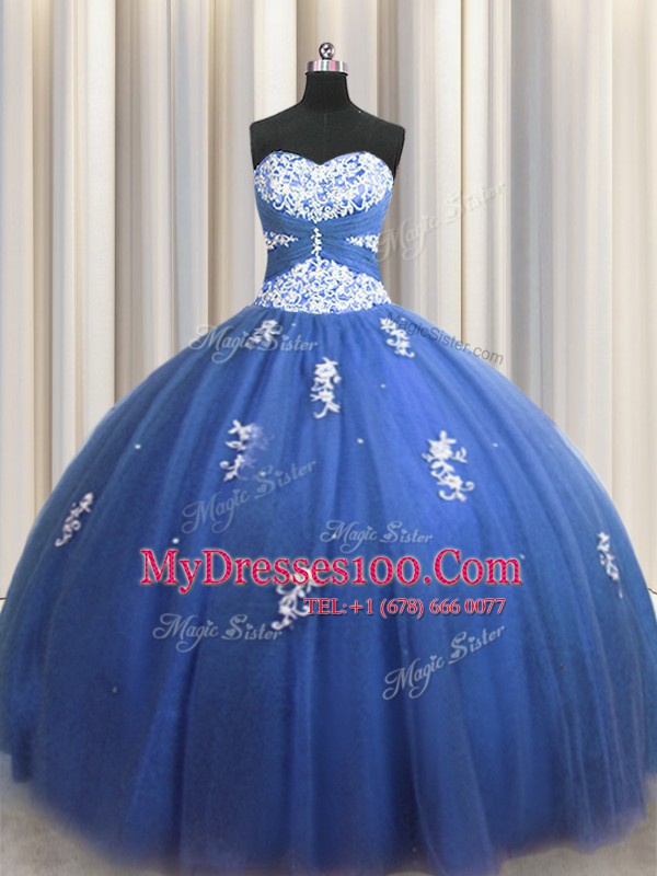Luxurious Royal Blue Sleeveless Tulle Lace Up Sweet 16 Quinceanera Dress for Military Ball and Sweet 16 and Quinceanera