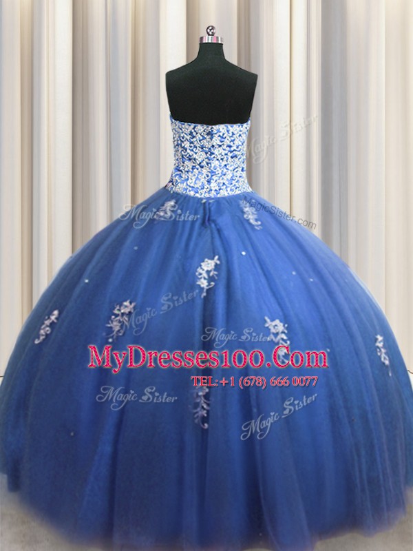 Luxurious Royal Blue Sleeveless Tulle Lace Up Sweet 16 Quinceanera Dress for Military Ball and Sweet 16 and Quinceanera