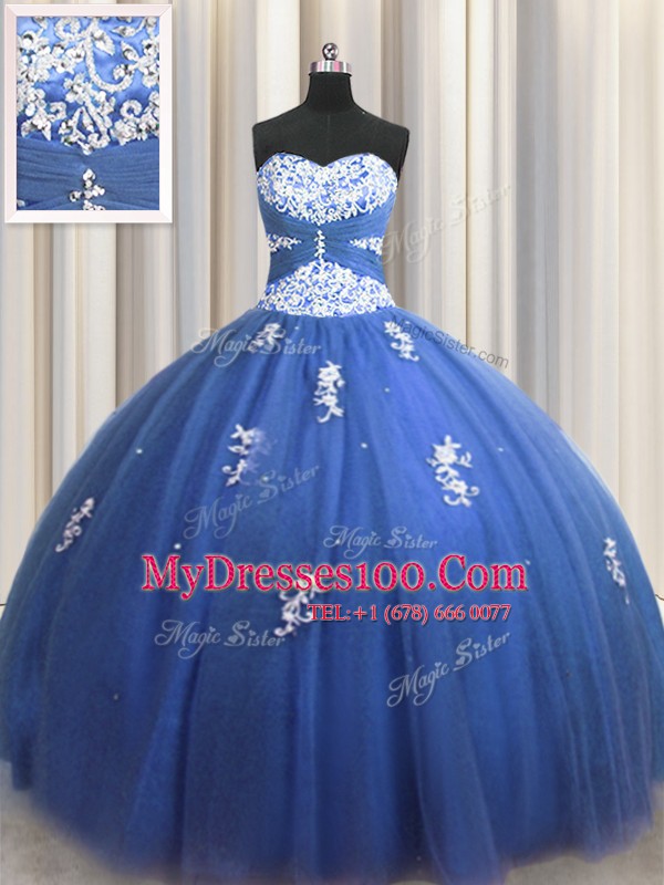 Luxurious Royal Blue Sleeveless Tulle Lace Up Sweet 16 Quinceanera Dress for Military Ball and Sweet 16 and Quinceanera
