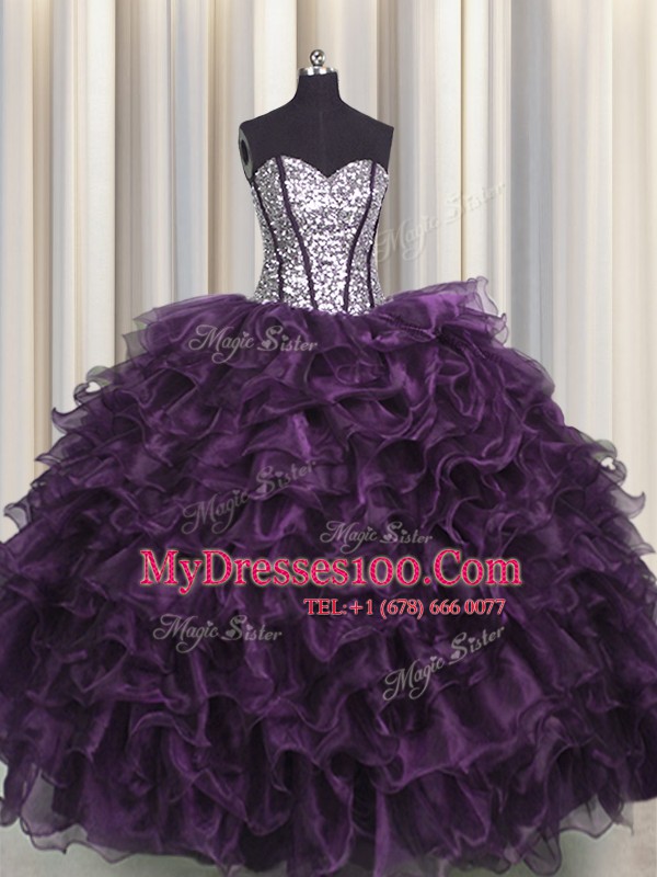 Suitable Visible Boning Dark Purple Ball Gowns Sweetheart Sleeveless Organza and Sequined Floor Length Lace Up Ruffles and Sequins Quince Ball Gowns