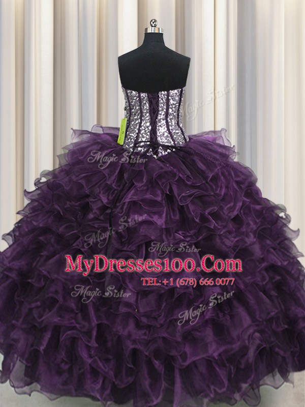Suitable Visible Boning Dark Purple Ball Gowns Sweetheart Sleeveless Organza and Sequined Floor Length Lace Up Ruffles and Sequins Quince Ball Gowns