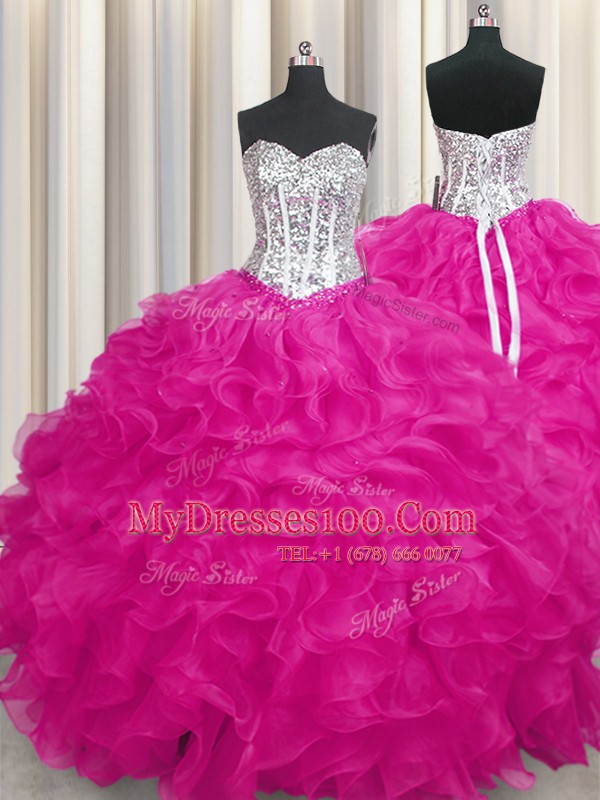 Beading and Ruffles Quinceanera Gowns Fuchsia Lace Up Sleeveless
