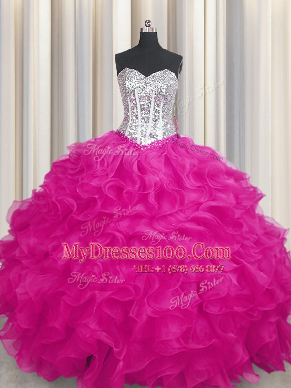 Beading and Ruffles Quinceanera Gowns Fuchsia Lace Up Sleeveless