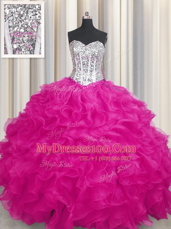 Beading and Ruffles Quinceanera Gowns Fuchsia Lace Up Sleeveless
