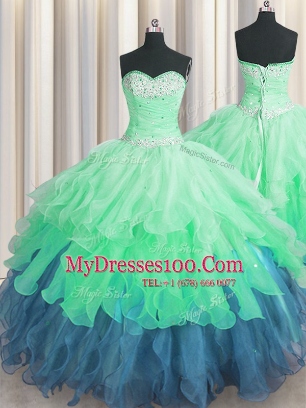 Fancy Organza Sleeveless Floor Length Quince Ball Gowns and Beading and Ruffles and Ruffled Layers and Sequins