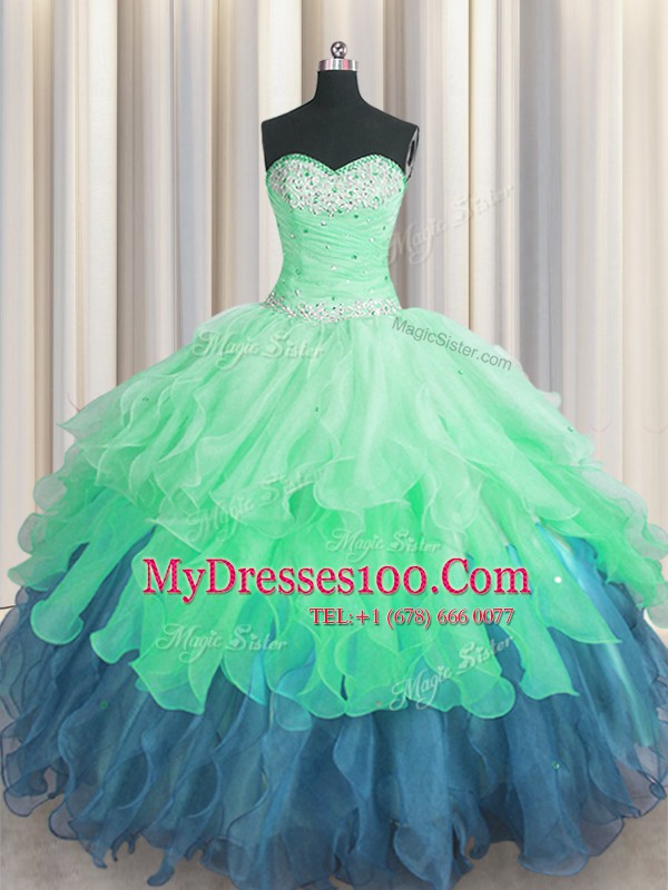 Fancy Organza Sleeveless Floor Length Quince Ball Gowns and Beading and Ruffles and Ruffled Layers and Sequins