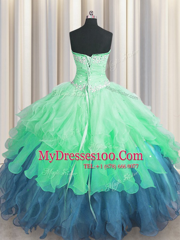Fancy Organza Sleeveless Floor Length Quince Ball Gowns and Beading and Ruffles and Ruffled Layers and Sequins