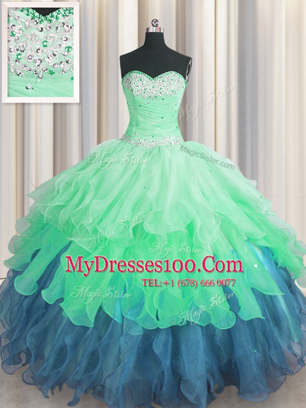 Fancy Organza Sleeveless Floor Length Quince Ball Gowns and Beading and Ruffles and Ruffled Layers and Sequins