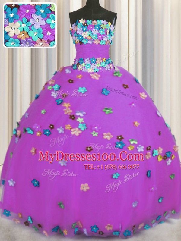 Purple Sleeveless Hand Made Flower Floor Length Sweet 16 Dress