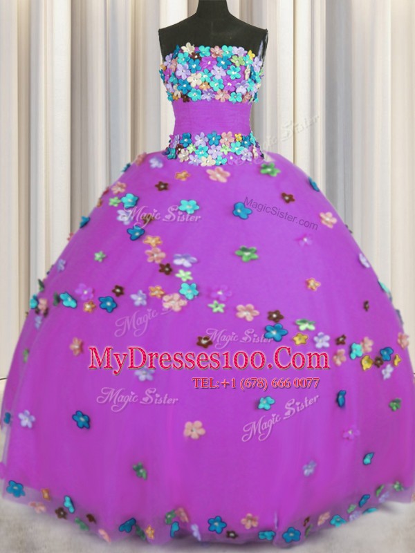 Purple Sleeveless Hand Made Flower Floor Length Sweet 16 Dress
