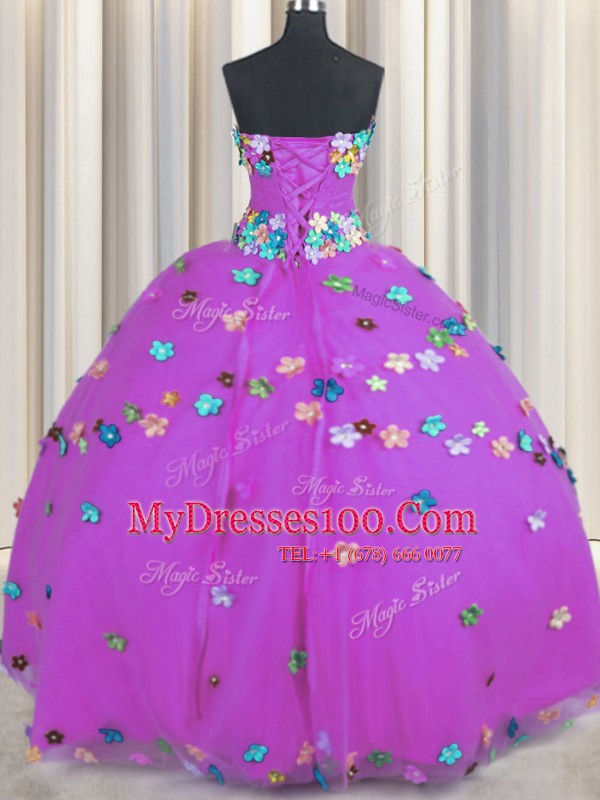Purple Sleeveless Hand Made Flower Floor Length Sweet 16 Dress