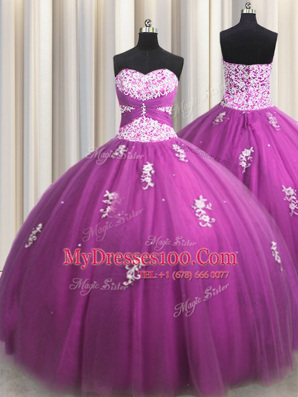 Fuchsia Sweetheart Neckline Beading and Appliques 15 Quinceanera Dress Sleeveless Lace Up